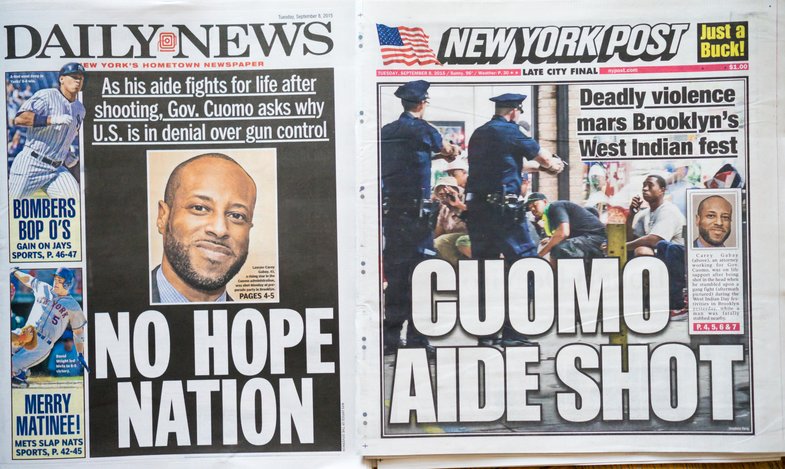Front pages on Tuesday, September 8, 2015 of the New York Daily News and the New York Post report on the violence prior to and following the previous days West Indian American Day Parade in Brooklyn, including the shooting of NY State Governor Andrew Cuom
